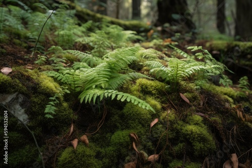 close-up of forest floor, with ferns and mosses, created with generative ai photo
