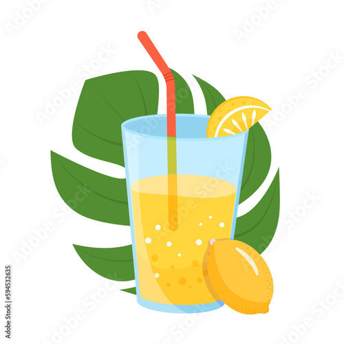 Glass cup with lemonade and straw. Fresh summer drink with lemon. Refreshing tropical cocktail. Flat vector illustration isolated on white background