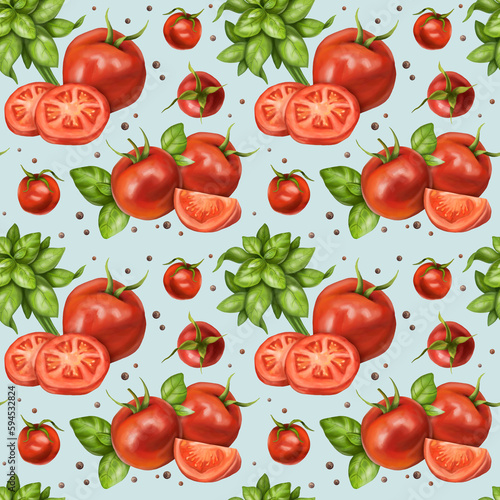 Seamless pattern with compositions of red tomatoes, cherry, peppercorns, bunches and basil leaves. Floral background for textiles, fabrics, wrapping paper and other designs. On a blue background