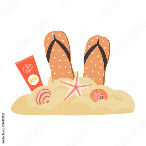 Beach slippers and sun cream in sand. Front view of summer items. Summer accessories for beach and sea. Flat vector illustration isolated on white background