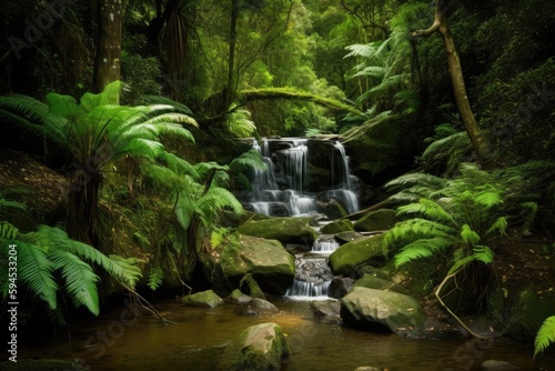 forest oasis with stream and waterfall, surrounded by lush greenery, created with generative ai