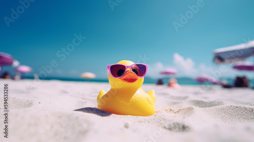 Rubber duck with pink sunglasses at the beach with blue sunny sky. Vacation concept. Generative AI