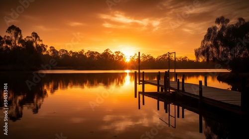 The sunrise over a lake and dock