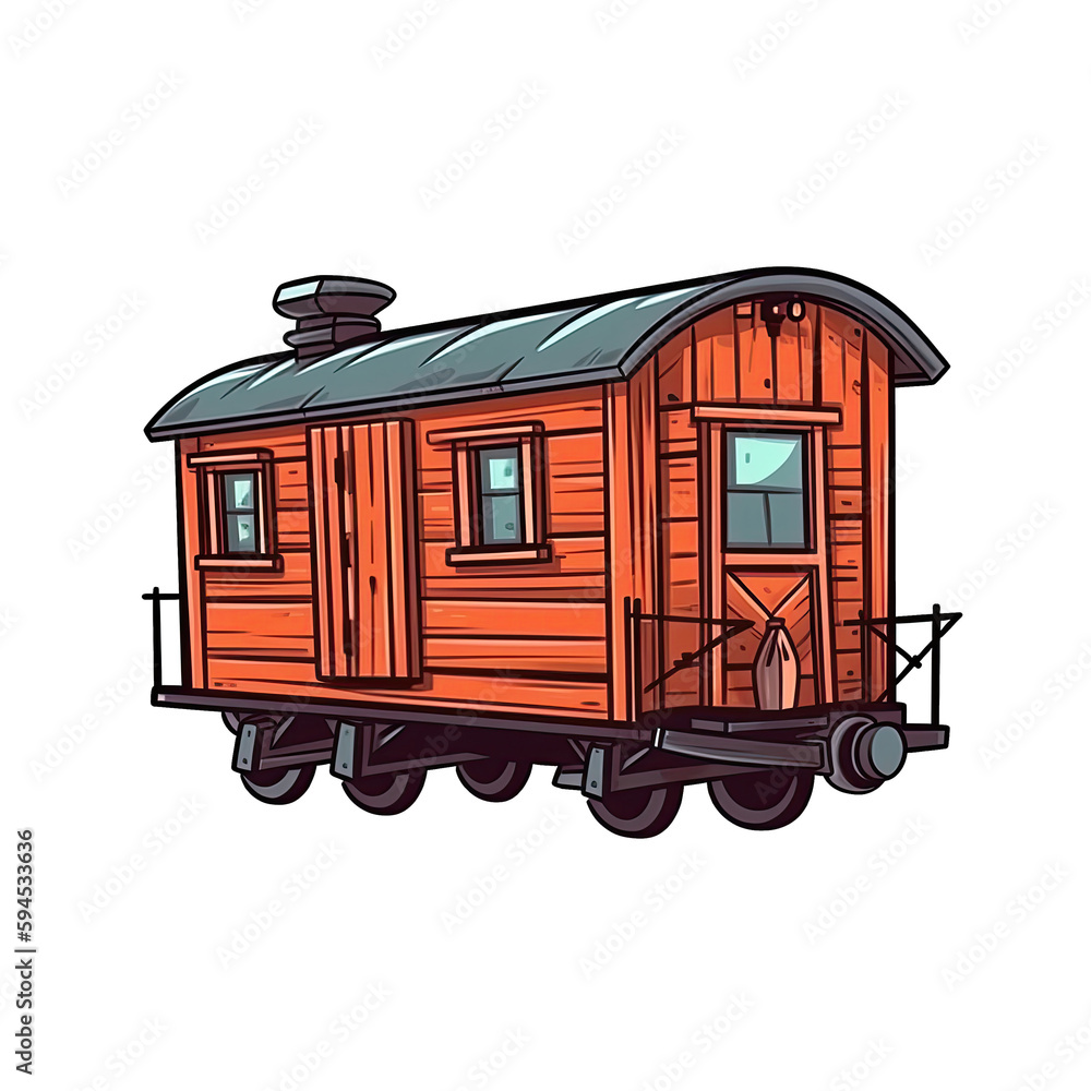 Boxcar In Cartoon Style Stiker On White Background On Isolated