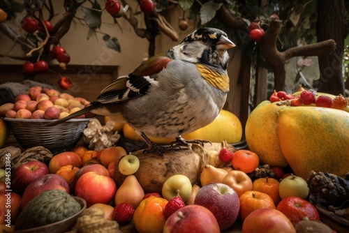 morbidly obese bird, surrounded by bountiful feast of fruits and nuts, created with generative ai photo