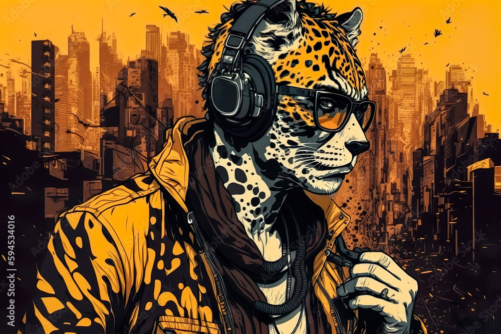 Obraz premium Watercolor Ocelot DJ Wearing Headphones And Glasses - Generative AI