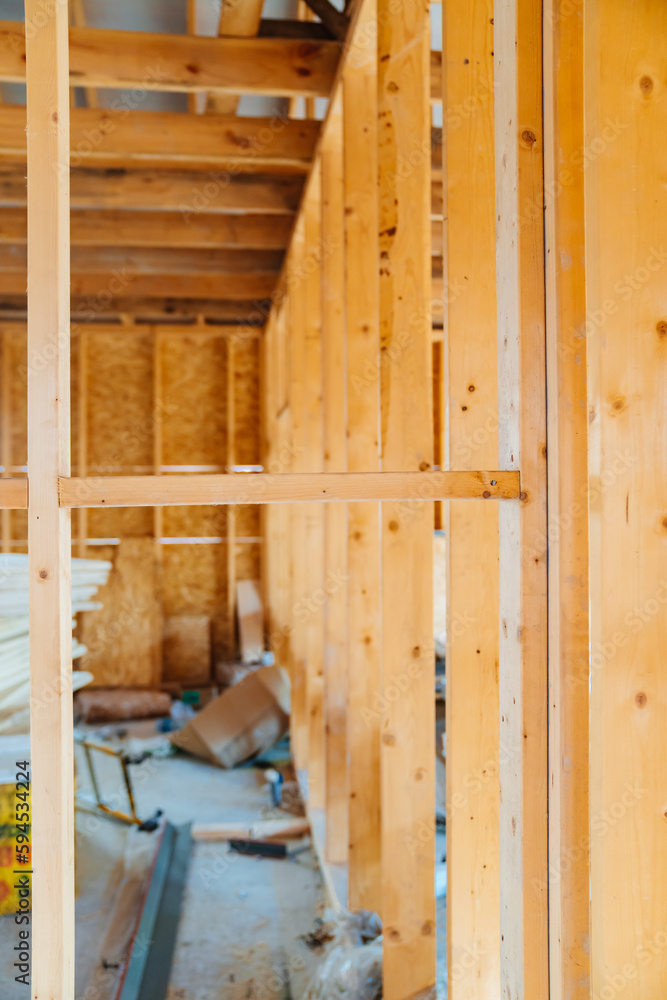 The internal structure of the block wooden house consists of wooden bars The internal structure of the block wooden house consists of wooden bars