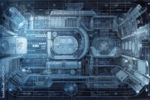 Fototapeta Naklejka Na Ścianę i Meble -  architectural blueprints of futuristic space station, with detailed drawings and schematics, created with generative ai