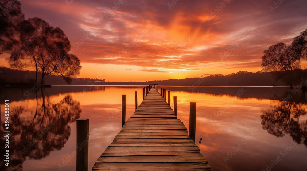 The sunrise over a lake and dock