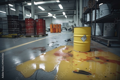 toxic chemical spill in a factory, with hazardous materials spilling onto the floor, created with generative ai photo