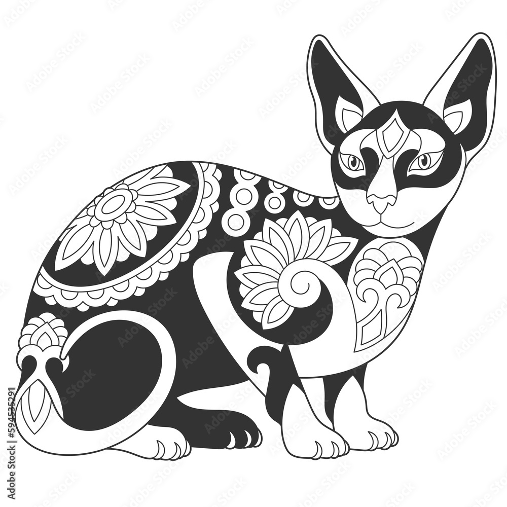 Cute sphynx cat design. Animal coloring page with mandala and zentangle
