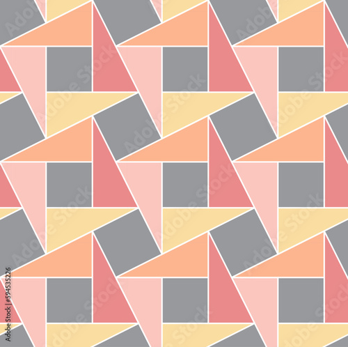 Slanting squares and triangles in a repeating pattern with pale muted orange, yellow and grey colors with white outline. Geometric vector illustration.