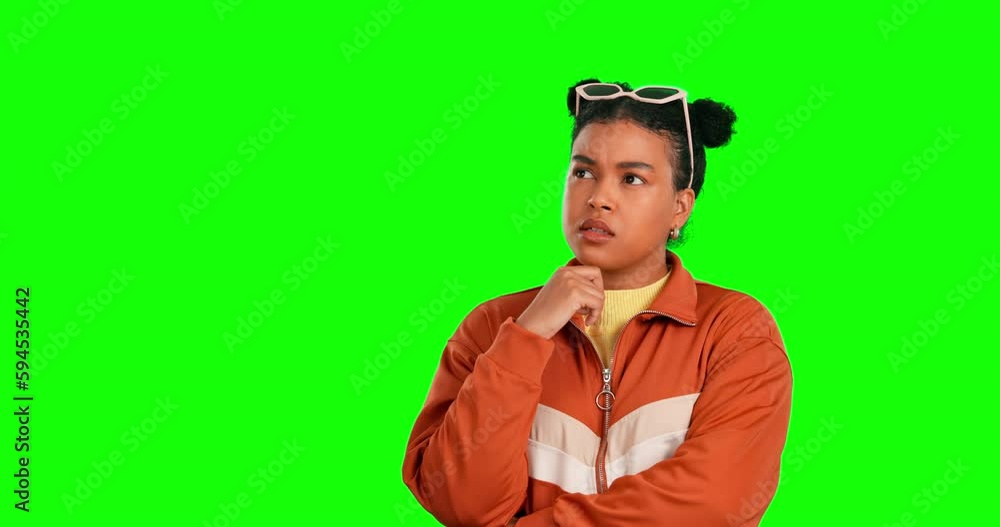 Green screen face, thinking or mockup woman with decision doubt, problem solving idea or remember. Frustrated student, chroma key female or head scratch for brainstorming plan on studio background Green screen face, thinking or mockup woman with decision doubt, problem solving idea or remember. Frustrated student, chroma key female or head scratch for brainstorming plan on studio background