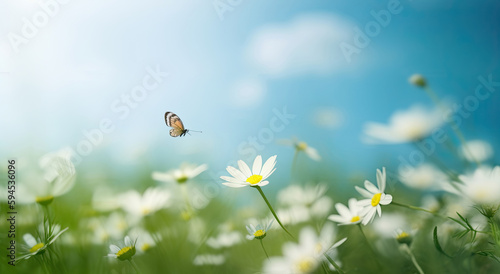 background with butterflies and meadow flowers. spring landscape flowerfield with daisies and grass. bokeh. sunny day. ai © Вячеслав Герц