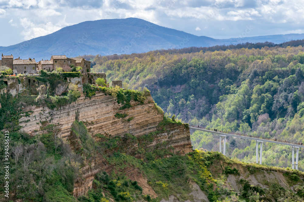 Detail of the bridge that leads to the dying village, Civita di Bagnoregio, Italy