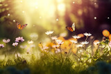 background with butterflies and meadow flowers. spring landscape flowerfield with daisies and grass. bokeh. sunny day. ai