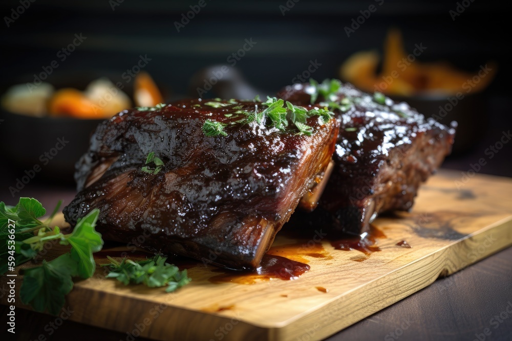 sous-vide-cooked short ribs, slow cooked to tender perfection and topped with a tangy bbq sauce, created with generative ai - obrazy, fototapety, plakaty 