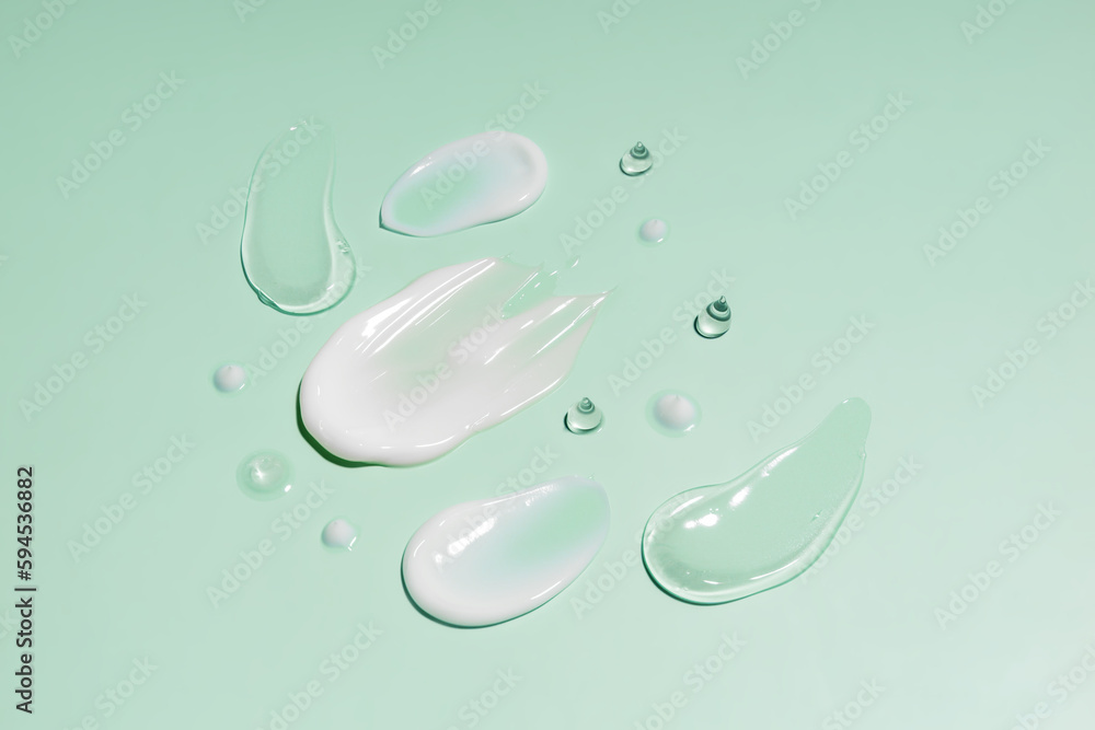 cosmetic smears cream texture on green background. Beauty serum drop. Transparent and creamy skin care product sample. - obrazy, fototapety, plakaty 