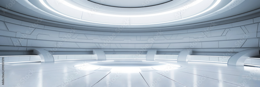 Obraz premium Sci-fi style room. Circular room with illuminated center circle section. dark interior, white illumination. wide format. Generative AI. 