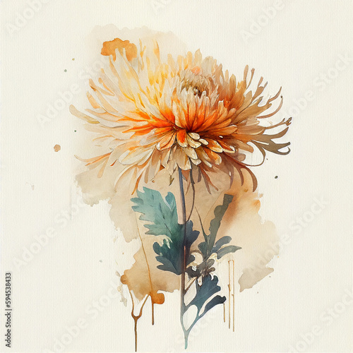 Generative AI. Chrysanthemum flowers, branches and leaves, watercolor painting on white paper