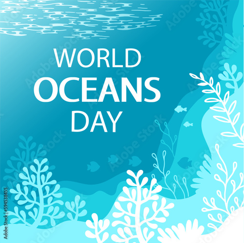 Decorative stylized image of a sea turtle and underwater life. World oceans day