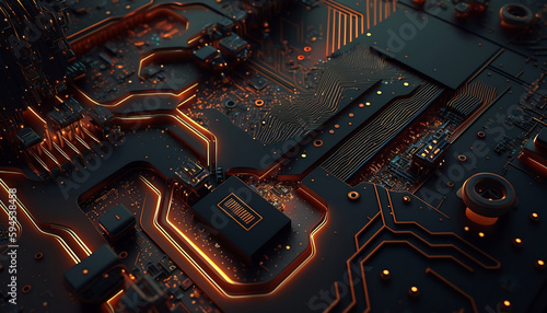 Close-up of black circuit board a computer with neon lights. Generated AI