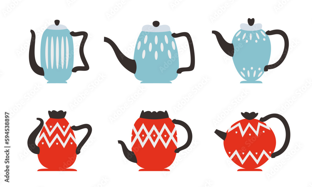 Set of different teapots. Beautiful kitchen utensil in flat style. Set of different teapots. Beautiful kitchen utensil in flat style.