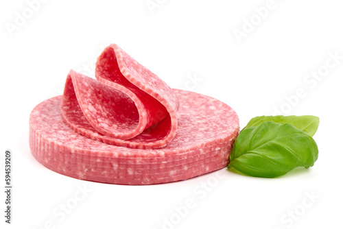 Thinly sliced salami sausage, Isolated on white background.