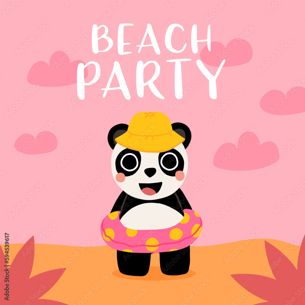 Cute cartoon baby panda in hat and swim ring smiling on the beach. Summer vector illustration for childrens book, poster, t shirt Cute cartoon baby panda in hat and swim ring smiling on the beach. Summer vector illustration for childrens book, poster, t shirt
