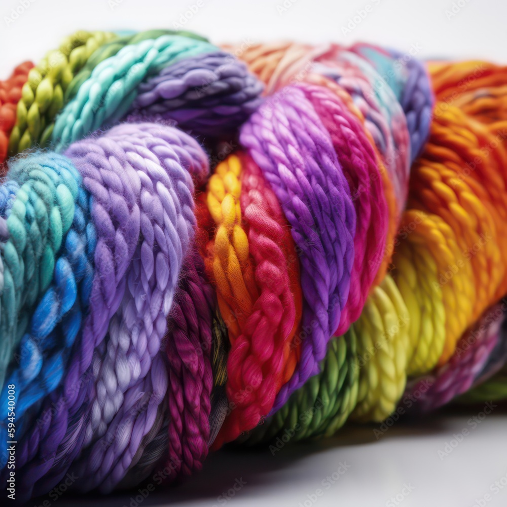 A closeup of knitted wool in rainbow colours. Rainbow cotton. Rainbow yarn. Generative AI.