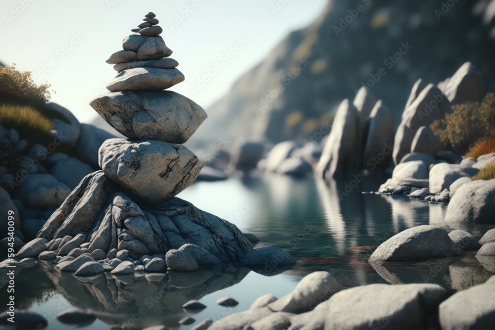 A stack of rocks sitting on top of a body of water with mountain view. Generative AI.