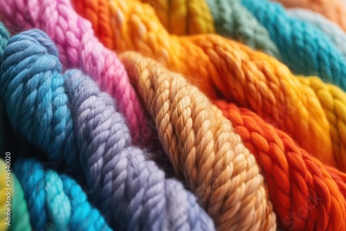 A closeup of knitted wool in rainbow colours. Rainbow cotton. Rainbow yarn. Generative AI.