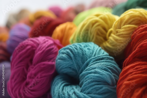 A closeup of knitted wool in rainbow colours. Rainbow cotton. Rainbow yarn. Generative AI.