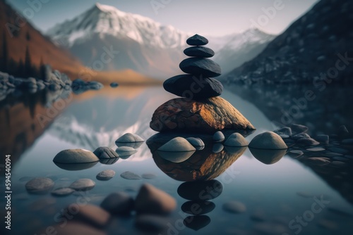 A stack of rocks sitting on top of a body of water with mountain view. Generative AI.