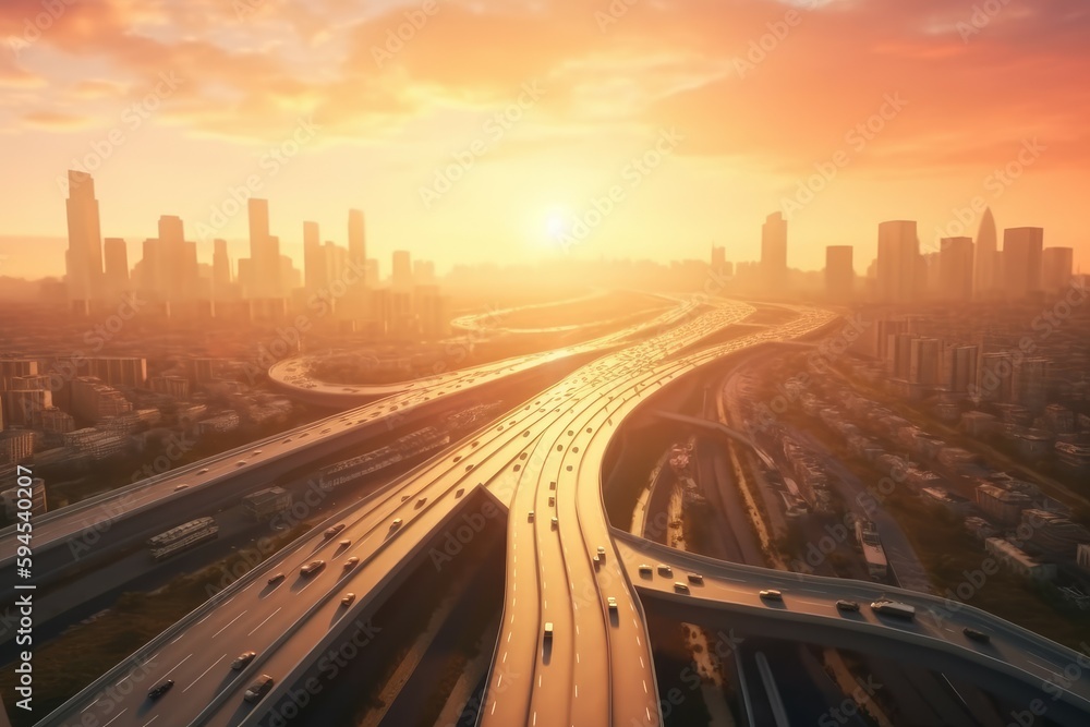 Highway metropolis at sunset. Generate Ai