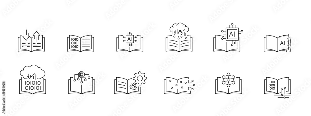 Artificial intelligence text writting icon set in line style, machine learning, digital AI technology illustration Artificial intelligence text writting icon set in line style, machine learning, digital AI technology illustration