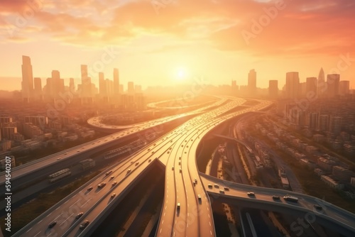 Highway metropolis at sunset. Generate Ai © nsit0108