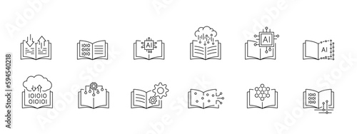 Artificial intelligence text writting icon set in line style, machine learning, digital AI technology illustration