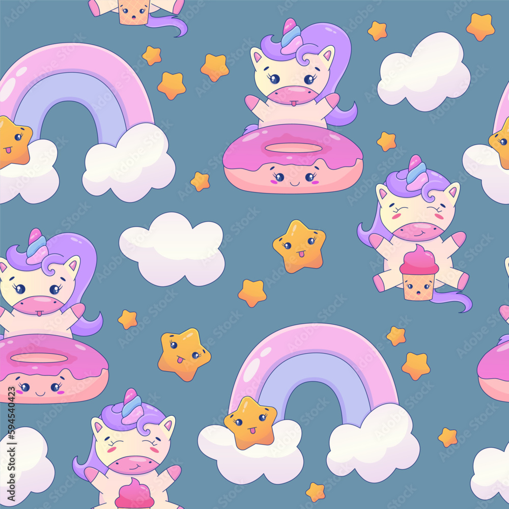Cute Kawaii Unicorn seamless pattern with rainbow and star. Fairy cute animal children design. Fantasy wallpaper with unicorn and cloud. Cartoon vector illustration