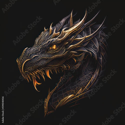 Dragon head art design with black background. Dragon head illustration. Digital art style. Generative AI.