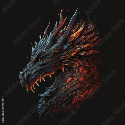 Dragon head art design with black background. Dragon head illustration. Digital art style. Generative AI.
