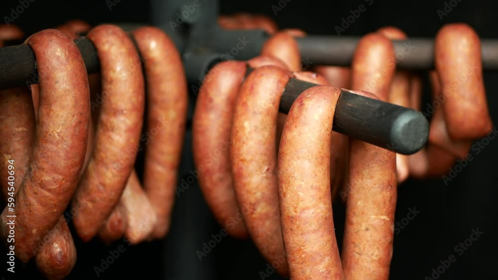 Lamb sausages red smokehouse smoked on beech wood slaughter traditional Italy household detail
