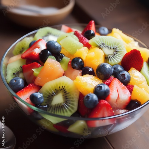 Fruit salad with mixed berries. Mixed berries in salad bowl. Generative AI.