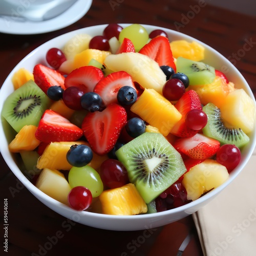 Fruit salad with mixed berries. Mixed berries in salad bowl. Generative AI.
