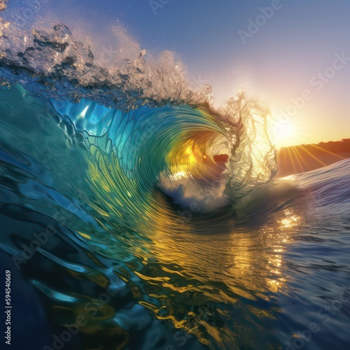 Inside a beautiful cresting wave inside ocean wave barrel and rays light. Generative AI.