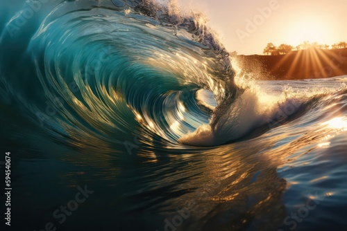 Inside a beautiful cresting wave inside ocean wave barrel and rays light. Generative AI. © SaraY Studio 