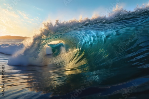 Inside a beautiful cresting wave inside ocean wave barrel and rays light. Generative AI. © SaraY Studio 
