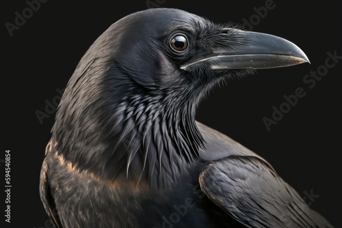 Profile of crow. Raven portrait art. Black crow. Generative AI.