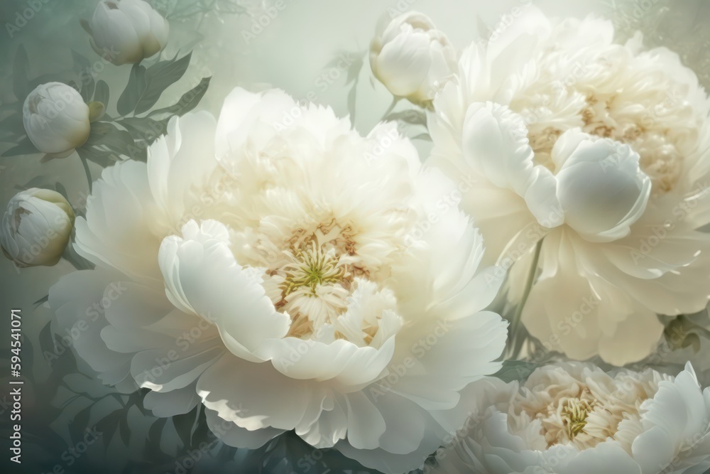 White ethereal background filled with white peony flowers. Generative AI.