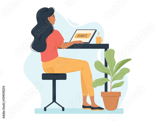 Young Flat Woman sitting at a desk with a laptop and cup of tea or coffee. Donation online. Cartoon design element, working or studying at home office.